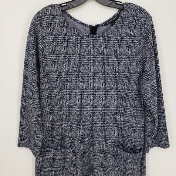 3/$25 41 Hawthorn Aniya Plaid Jacquard Knit Shift Dress L Pockets Work Navy Blue - Picture 5 of 11